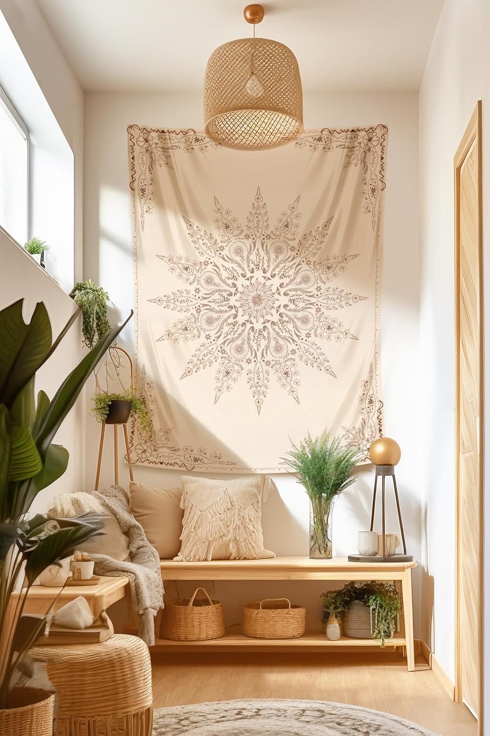 Damanse Floral Tapestry Wall Hanging Cute,Boho Wall Tapestry for Bedroom Aesthetic,Mandala Living Room Decor for Teen Girls (Flaxen, 78.7L x 59.8W)