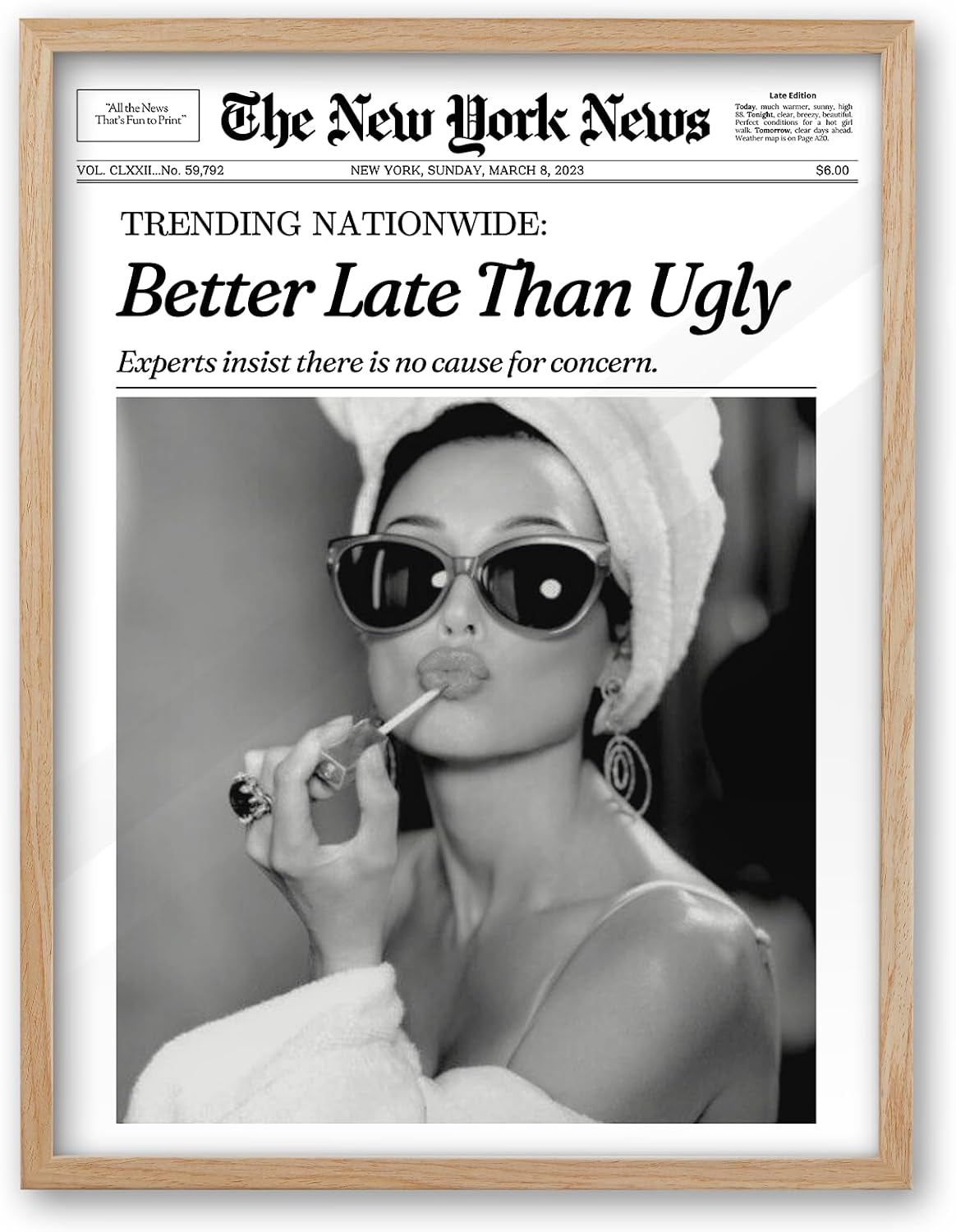 iHery 12x16in Audrey Hepburn Better Late Than Ugly Framed Bathroom Art