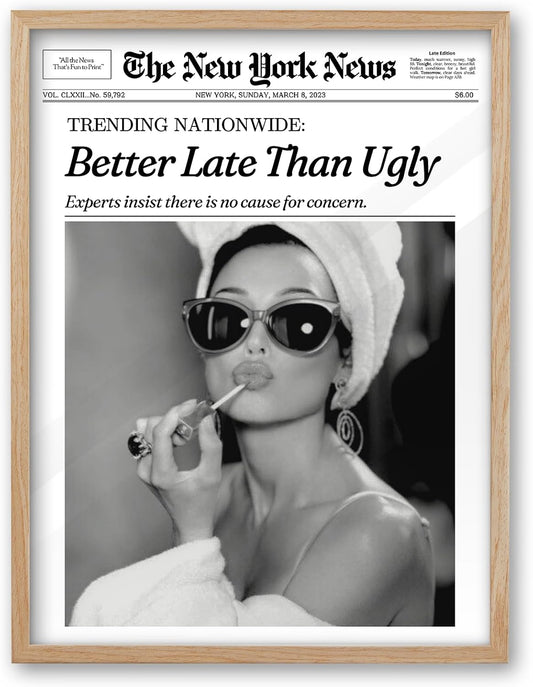 iHery 12x16in Audrey Hepburn Better Late Than Ugly Framed Bathroom Art