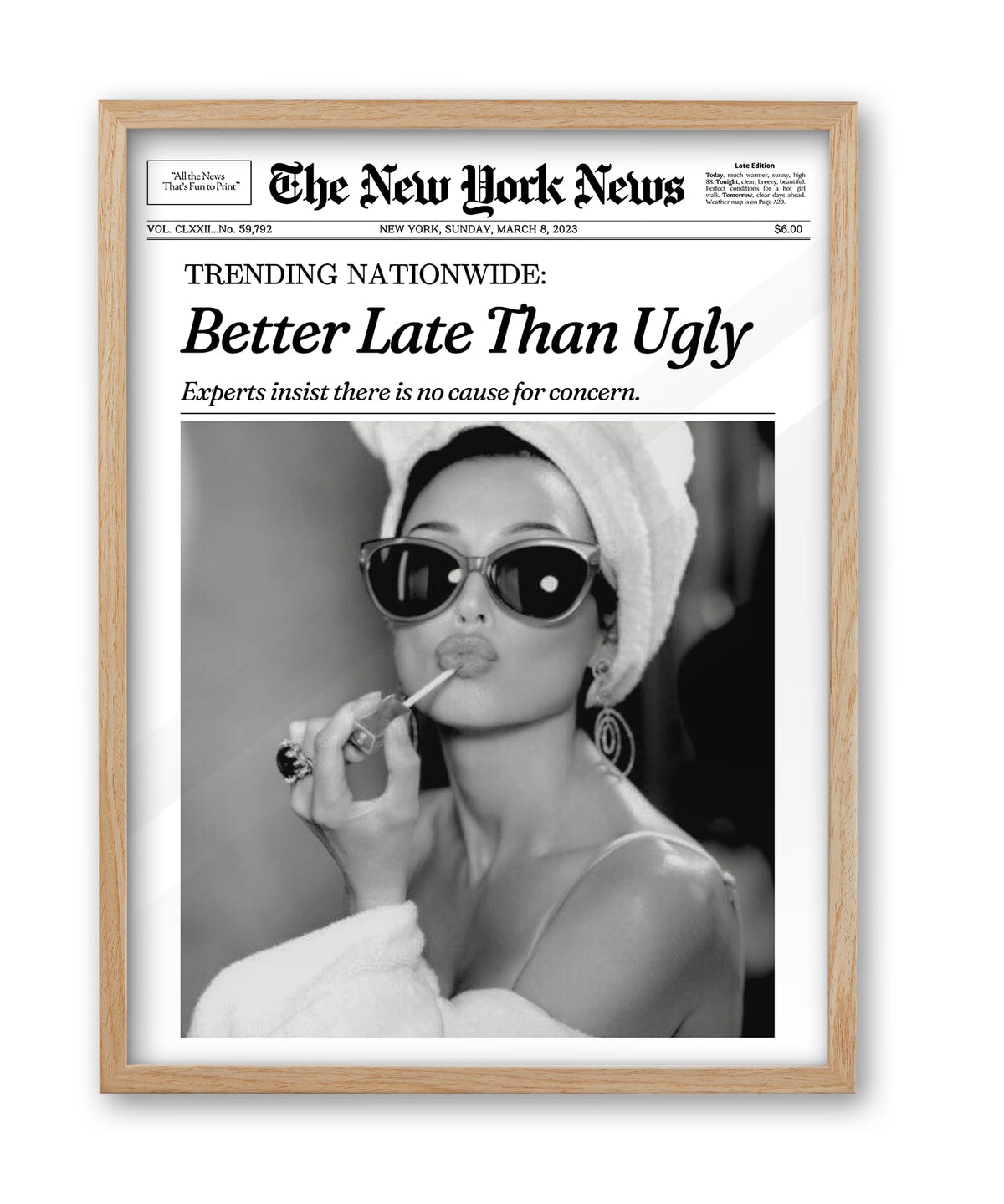 iHery 12x16in Audrey Hepburn Better Late Than Ugly Framed Bathroom Art