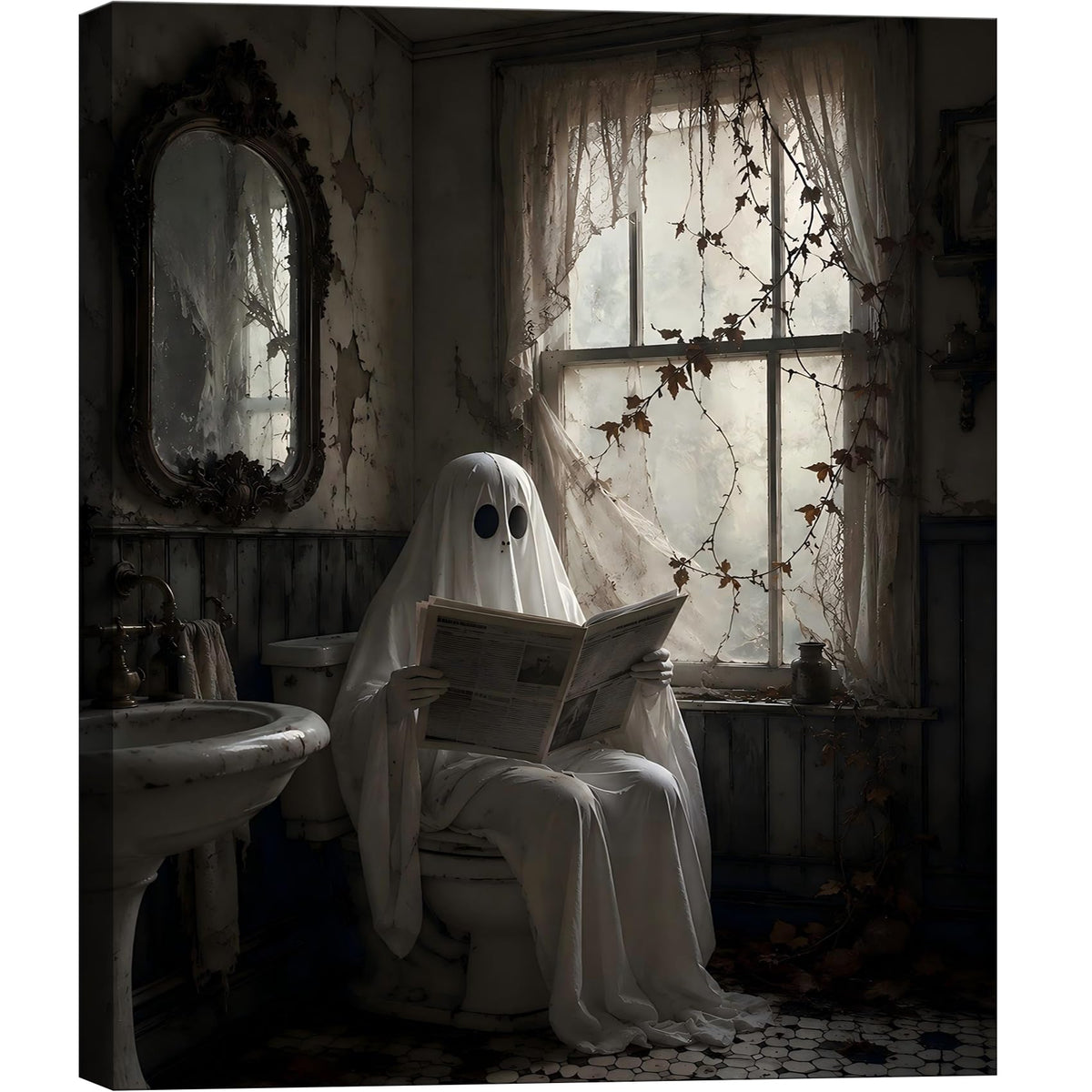 Framed Halloween Ghost Bathroom Canvas Wall Art 8x12 In, Funny Spooky Toilet Scene Canvas Prints Artwork, Dark Halloween Wall Decor Pictures for Office Home Decoration