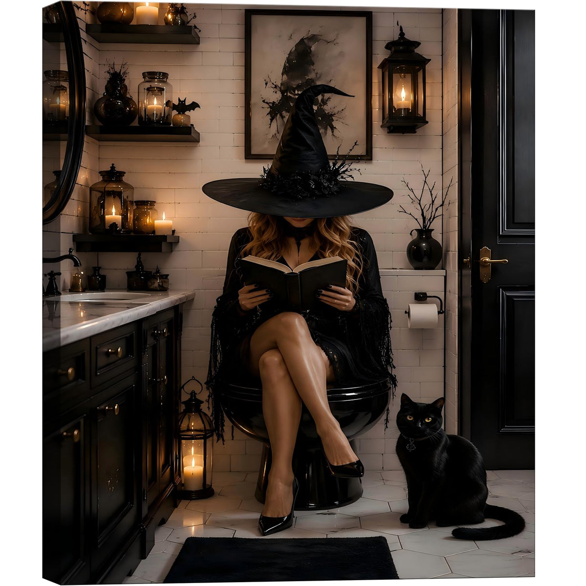 Framed Halloween Ghost Bathroom Canvas Wall Art 8x12 In, Funny Spooky Toilet Scene Canvas Prints Artwork, Dark Halloween Wall Decor Pictures for Office Home Decoration