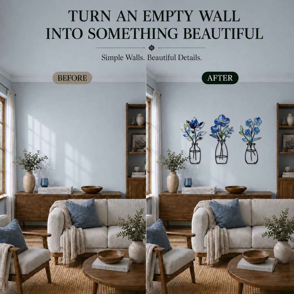 3 Pcs Metal Vase Wall Arts,Iron Art Painting,Rustic Farmhouse Decor Minimalist Flower Wall Decor for Bedroom Bathroom Living Room Dining Room(Blue, Vase-D)