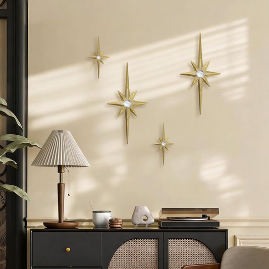 sxnzequnze 4 Pcs Star Wall Art for Home Decor Living Room Bedroom Office Metal 3D,Bling,with Hanging Hook Starburst Midcentury Sculpture Retro Gallery Accent Celestial -Gold 16.5in/9.4in