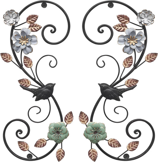 Birminwind 3D Metal Flower Wall Art: 2pcs Vintage Floral Wall Décor with Leaves Bird for Room, 15.16"