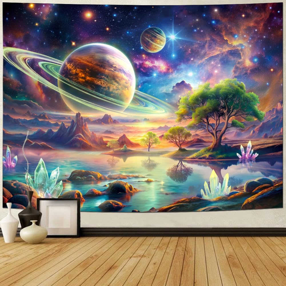 Lahasbja Blacklight Galaxy Space Tapestry UV Reactive Planet Wall Hanging Magical Trees Tapestries Cosmic Mountain Landscape Wall Decor Aesthetic Starry Night Backdrop for Bedroom