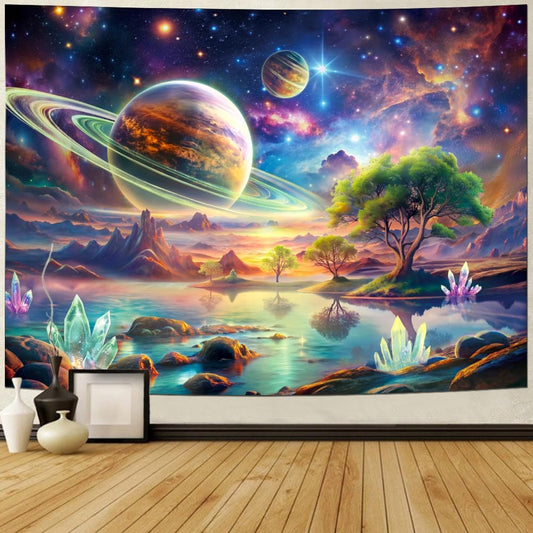 Lahasbja Blacklight Galaxy Space Tapestry UV Reactive Planet Wall Hanging Magical Trees Tapestries Cosmic Mountain Landscape Wall Decor Aesthetic Starry Night Backdrop for Bedroom