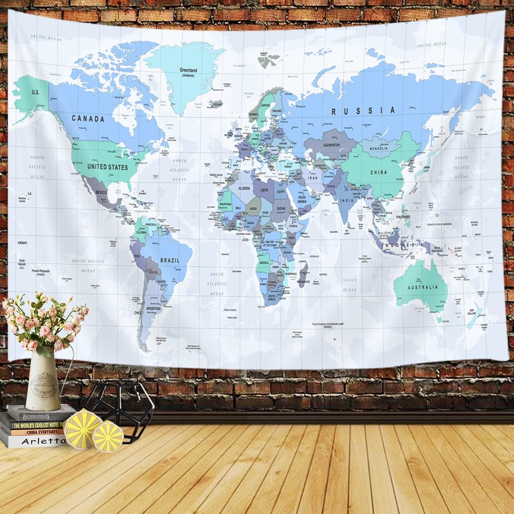 JAWO World Map Tapestry, Map of the World with Countries and Major Cities Wall Tapestries for Kids Student, World Map of the World Tapestry 60X40 Inch(Yellow)