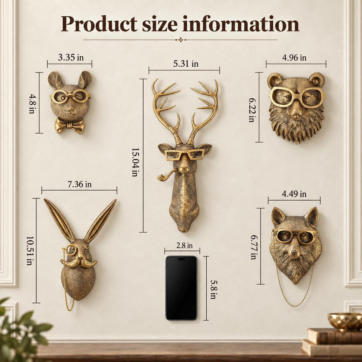 UITWMKTG Gold Animal Head Wall Decor Set of 5 - Deer, Rabbit, Mouse, Bear, Fox Wall Sculptures, Modern Wall Art for Living Room, Bedroom, Office, Gold Wall Hanging Home Decoration