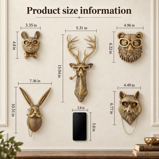 UITWMKTG Gold Animal Head Wall Decor Set of 5 - Deer, Rabbit, Mouse, Bear, Fox Wall Sculptures, Modern Wall Art for Living Room, Bedroom, Office, Gold Wall Hanging Home Decoration