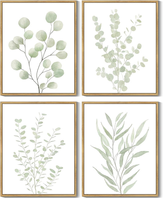 Drsoum Botanical Plant Framed Wall Art Boho Wall Decor for Bathroom Sage Green Eucalyptus Leaf Prints Minimalist Aesthetic Ready to Hang Set of 4, 8x10 in (Natural Framed)