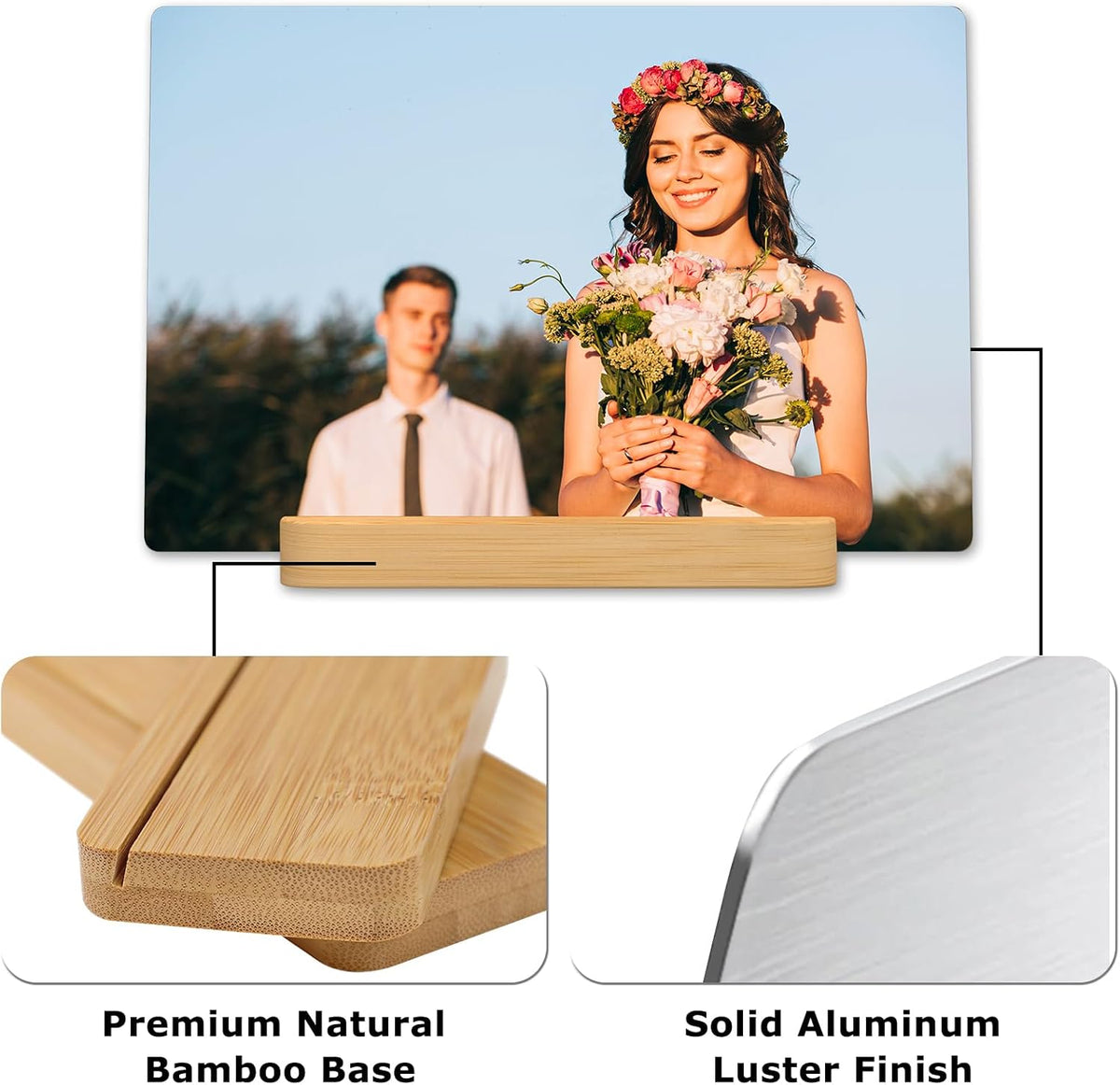 Custom Metal Photo Prints Customized photo gifts with Natural Bamboo Base
