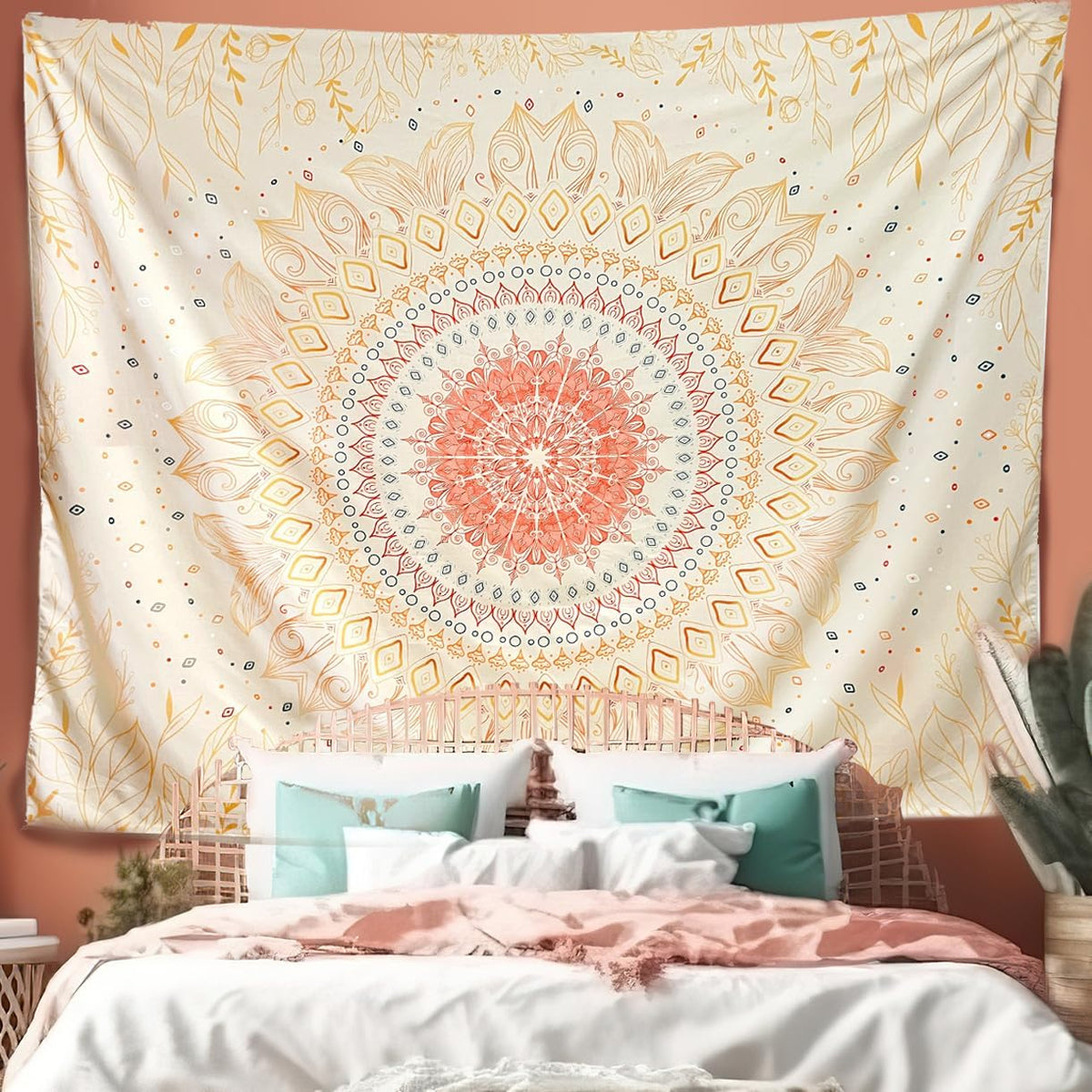 Damanse Floral Tapestry Wall Hanging Cute,Boho Wall Tapestry for Bedroom Aesthetic,Mandala Living Room Decor for Teen Girls (Flaxen, 34.80" x 47.20")