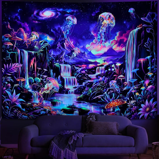 Serborlur Blacklight Galaxy Space Tapestry UV Reactive Neon Waterfall Wall Hanging Fantasy Jellyfish Mushroom Tapestries Colorful Starry Sky Landscape Backdrop Tapestry for Bedroom Dorm Room Decor