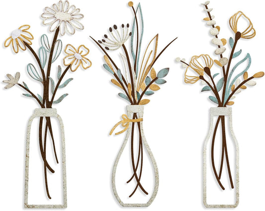 Pigort 3 Pieces Metal Flowers Wall Art- Rustic Farmhouse Decor Minimalist Decor for Living Room Bathroom Bedroom Dining Room, Housewarming Gifts Christmas Decoration(Beige, Vase-C)