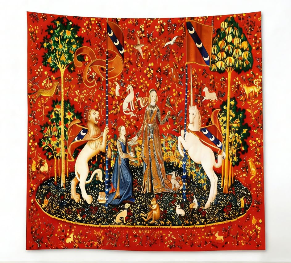 Medieval Tapestry Tapestry Royal Maiden and Unicorn Decor, Red 80x60 In