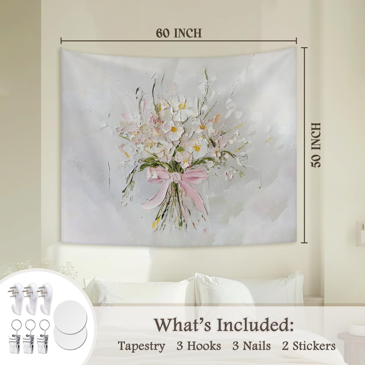 STHTTSW Wildflower Pink Bow Tapestry Aesthetic, Flower Tapestries Wall Blanket, Neutral Beige Botanical Wall Hanging Decor for Teen Girl Women Home Living Room Bedroom, 50x60 Inch