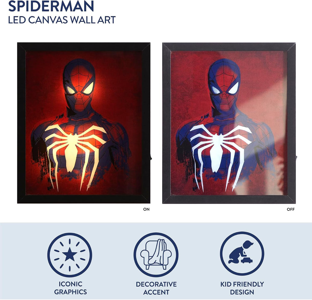 Marvel Spiderman Dual LED Wall Art,Superhero Décor, Red & Blue Comic Style Print, Official Framed Artwork for Kids Room, Bedroom, or Game Room,16"x16"