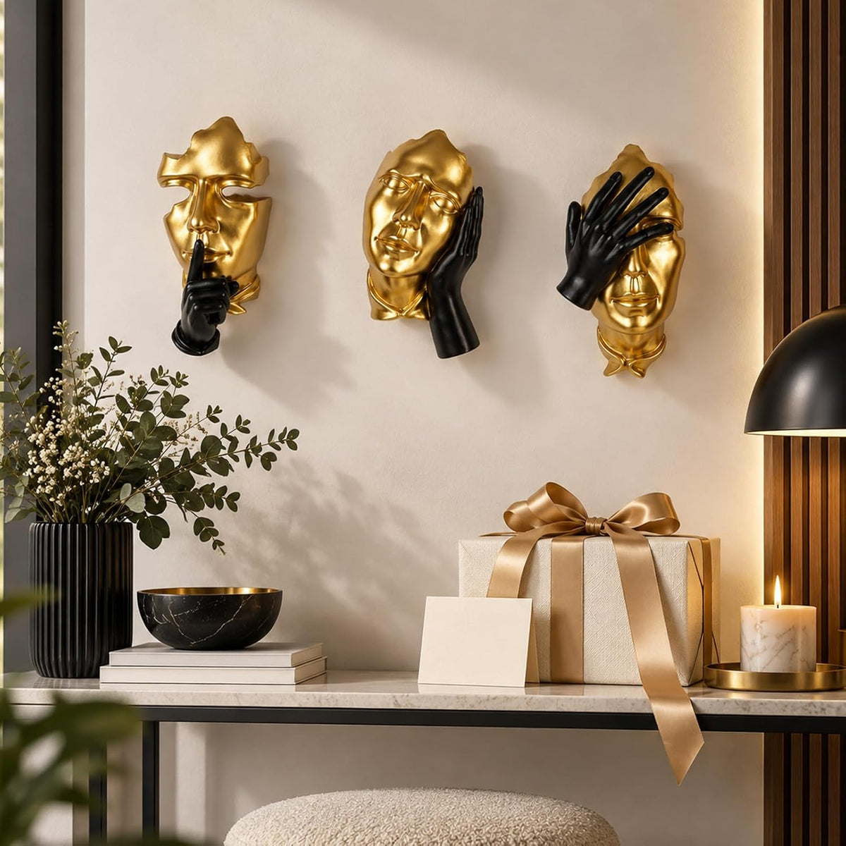 Face Wall Sculptures Set of 3, Modern 3D Abstract Wall Art, Black and Gold