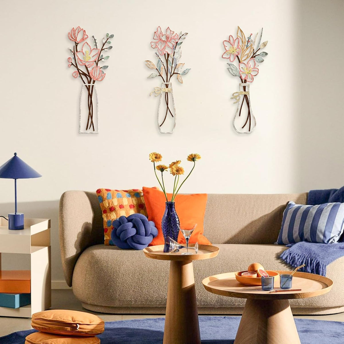 3 Pieces Metal Flowers Wall Art for Bathroom (Multicolored)