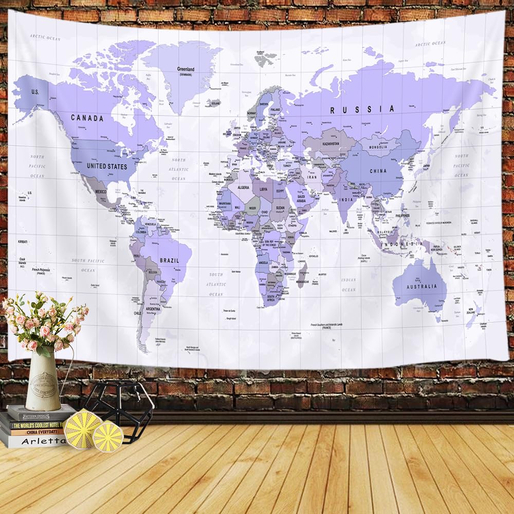 JAWO World Map Tapestry, Map of the World with Countries and Major Cities Wall Tapestries for Kids Student, World Map of the World Tapestry 60X40 Inch(Yellow)