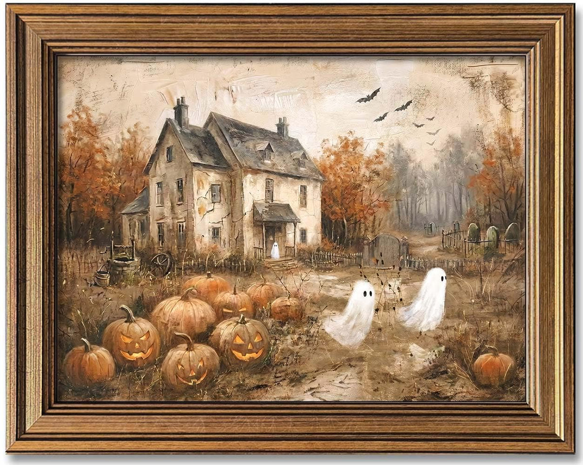 Wemandh Framed Halloween Decorations Fall Decor Wall Art, Rustic Landscape Wall Decor, Cute Ghost Decor Wall Art, Aesthetic Halloween Wall Decor (9.5''x12'')