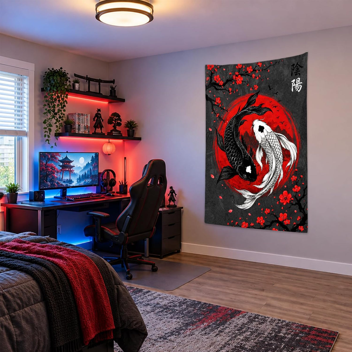 Sanzugh Japanese Yin Yang Koi Fish Tapestry, Cool Red and Black Anime Sakura Art Tapestries Vertical Wall Hanging for Men Bedroom Living Room Office Decor 40X60, Asian Cherry Blossoms Posters