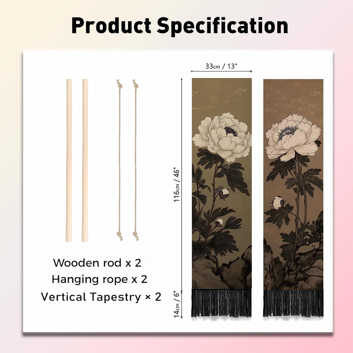 PLIGREAT 2 Pack Japanese Peony Vertical Tapestry with Tassels Elegant Flower Wall Hanging for Bedroom Bathroom Living Room Warm Long Narrow Wall Hanging Dorm Room Home Art Decor