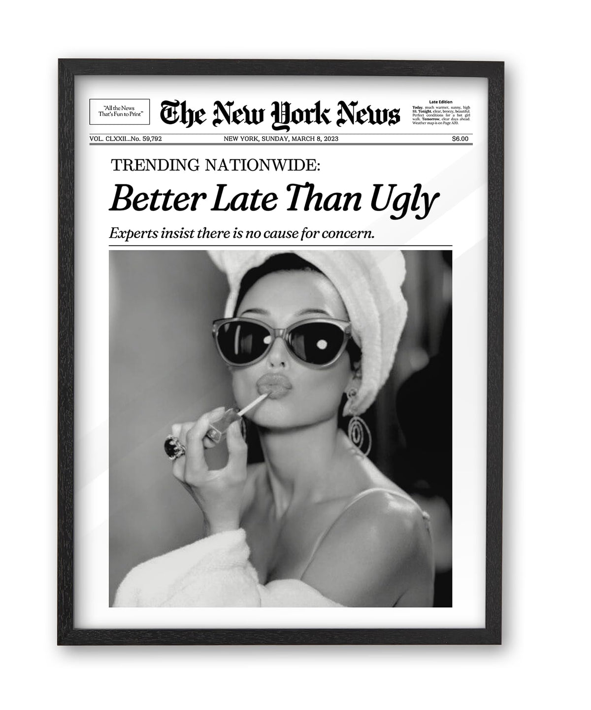 iHery 12x16in Audrey Hepburn Better Late Than Ugly Framed Bathroom Art