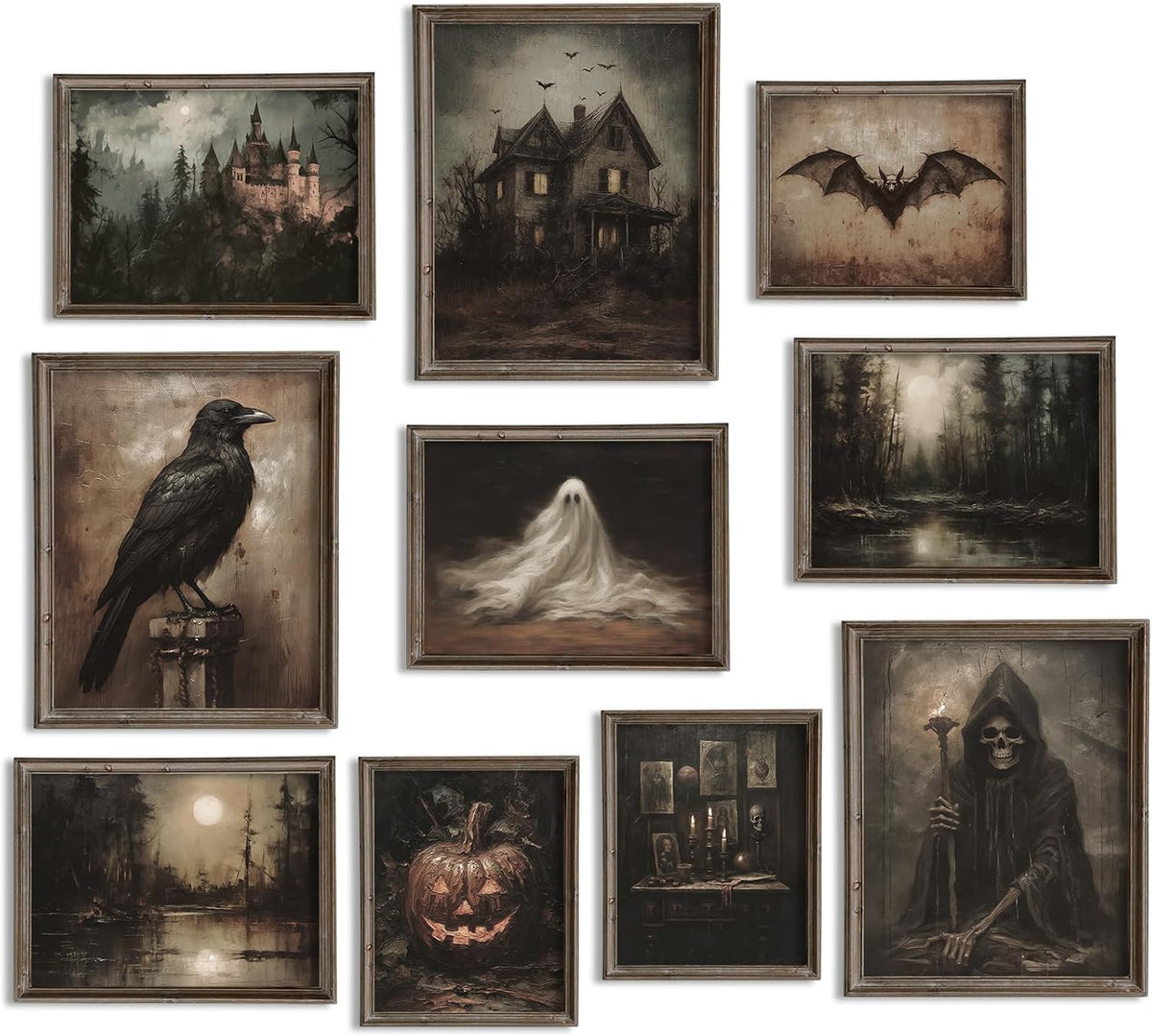 Whaline 10Pcs Halloween Dark Wall Art Prints Creepy Halloween Aesthetic Paper Posters Witchy Picture Decorations for Gallery Living Room Bedroom Office, Unframed