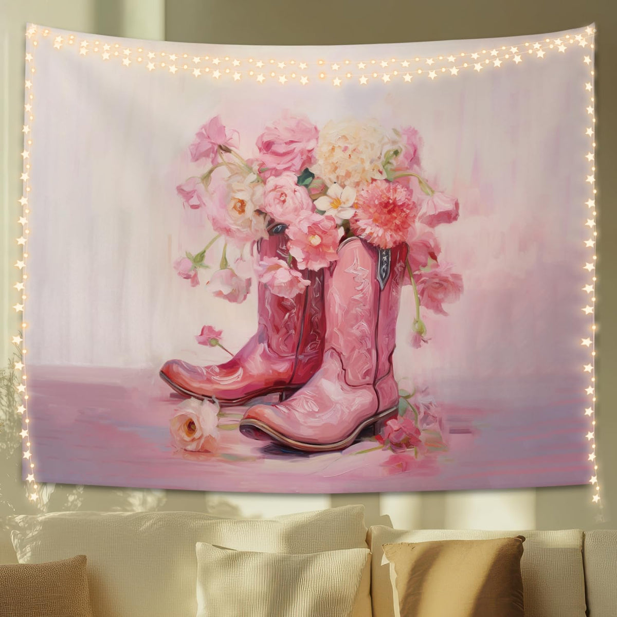 STHTTSW Wildflower Pink Bow Tapestry Aesthetic, Flower Tapestries Wall Blanket, Neutral Beige Botanical Wall Hanging Decor for Teen Girl Women Home Living Room Bedroom, 50x60 Inch