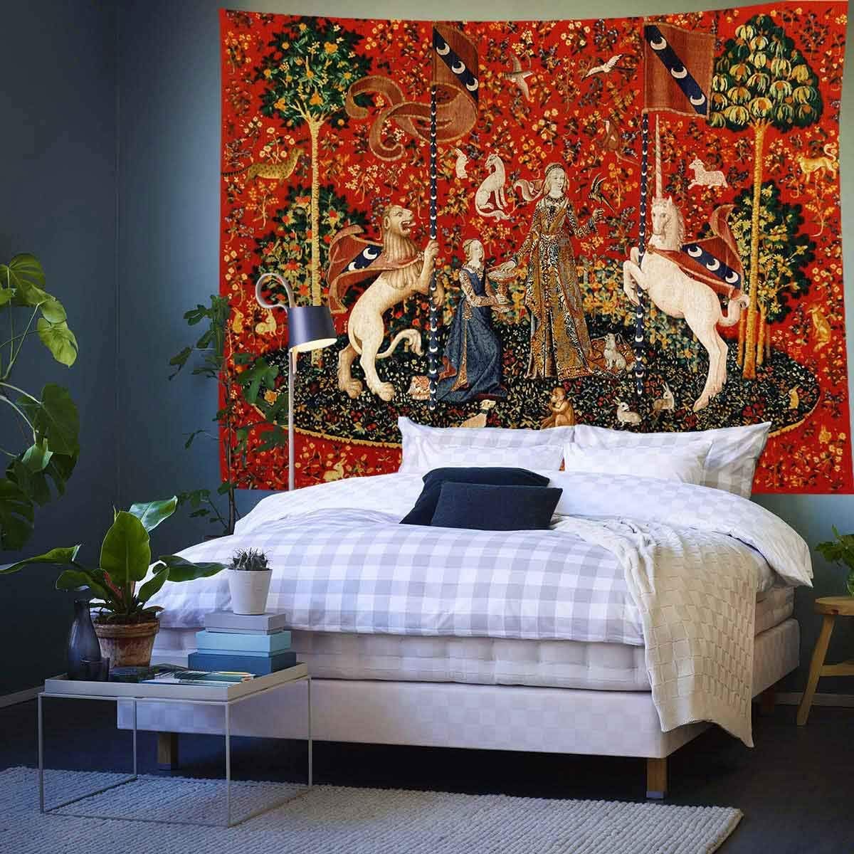 Medieval Tapestry Tapestry Royal Maiden and Unicorn Decor, Red 80x60 In