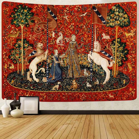 Medieval Tapestry Tapestry Royal Maiden and Unicorn Decor, Red 80x60 In