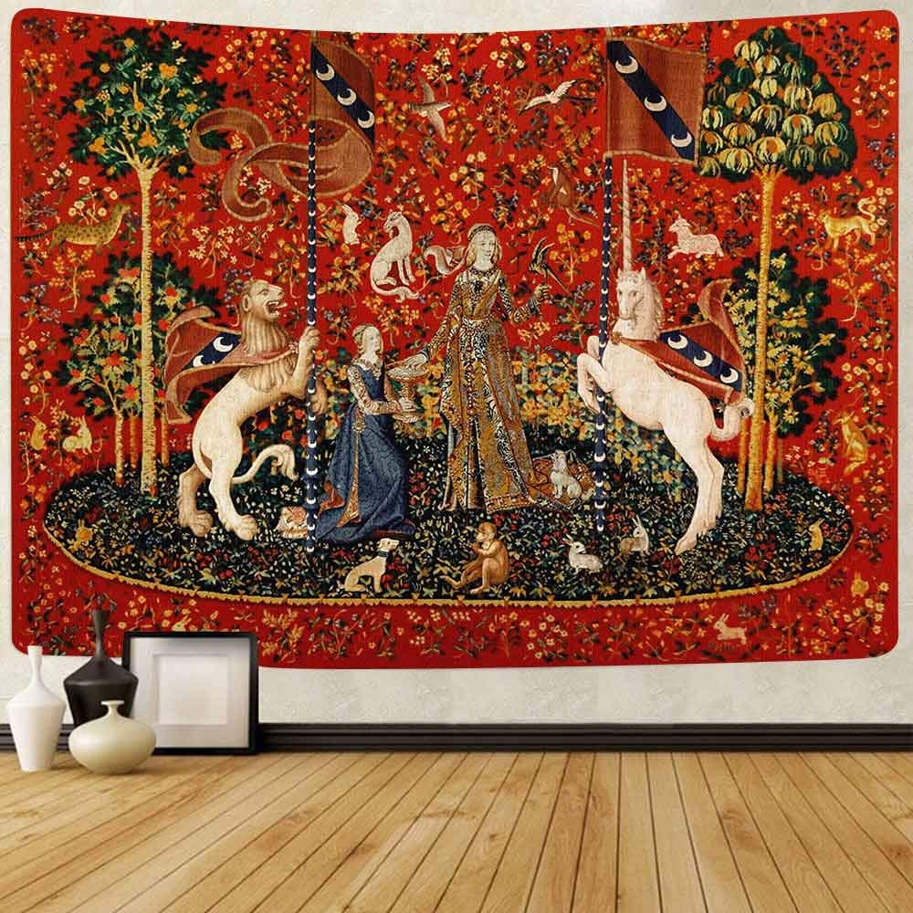 Medieval Tapestry Tapestry Royal Maiden and Unicorn Decor, Red 80x60 In
