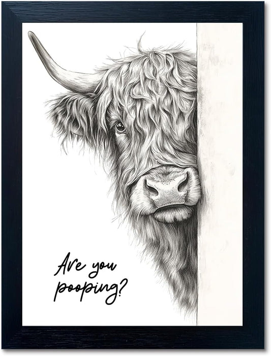 Funny Highland Cow Bathroom Wall Art - Rustic Farmhouse Wall Decor with Humorous Are You Pooping Canvas Print, Cute Animal Canvas Art for Restroom - Black Framed Cow Pictures Wall Decor Ready to Hang 8"x10"