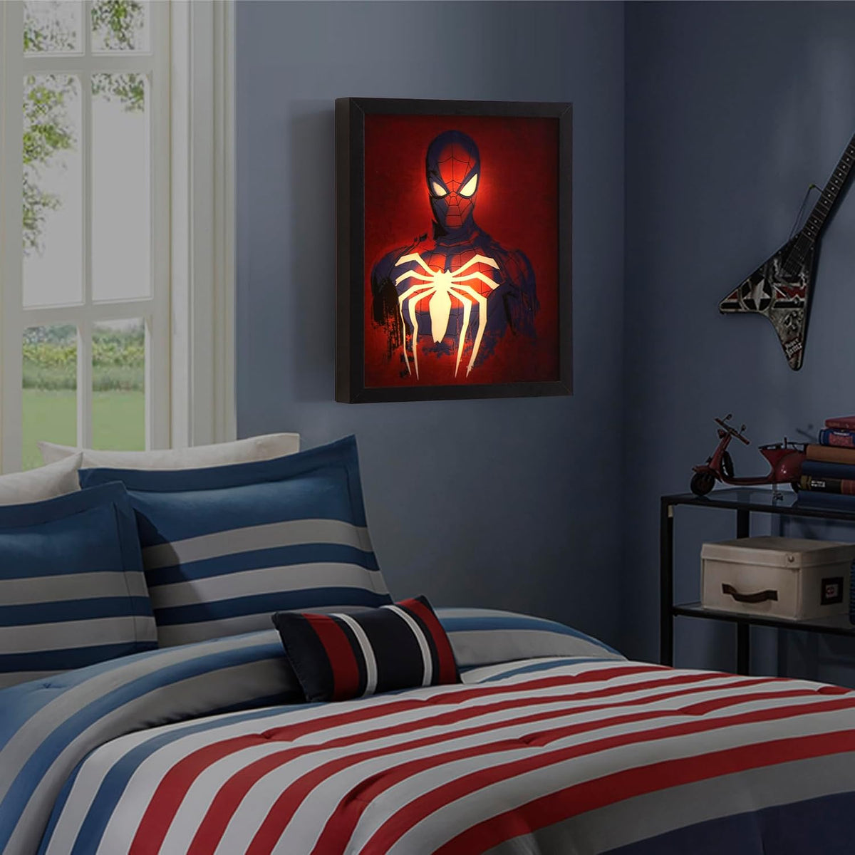 Marvel Spiderman Dual LED Wall Art,Superhero Décor, Red & Blue Comic Style Print, Official Framed Artwork for Kids Room, Bedroom, or Game Room,16"x16"