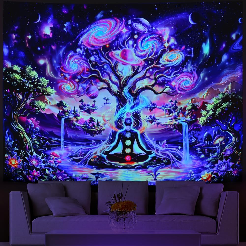 Lahasbja Blacklight Chakra Tree of Life Tapestry Trippy Galaxy Space Meditation Tapestry UV Reactive Spiritual Yoga Wall Hanging Aesthetic Planet Waterfall Landscape Background for Bedroom