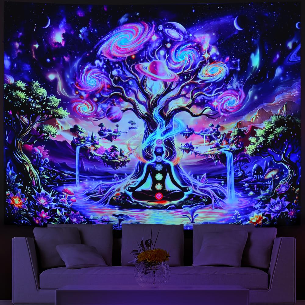 Lahasbja Blacklight Chakra Tree of Life Tapestry Trippy Galaxy Space Meditation Tapestry UV Reactive Spiritual Yoga Wall Hanging Aesthetic Planet Waterfall Landscape Background for Bedroom