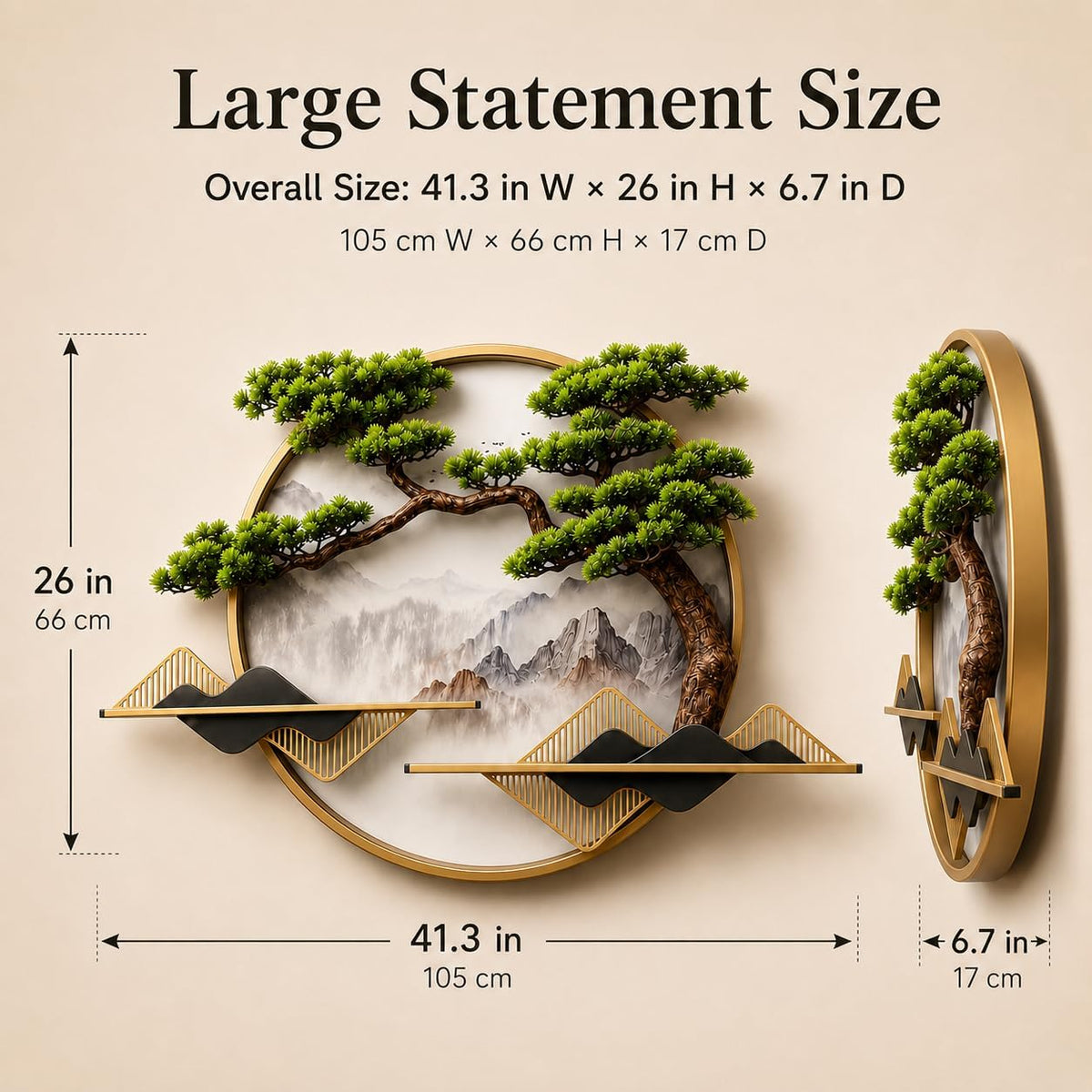 Large 3D Bonsai Tree Wall Sculpture, Zen Mountain Wall Art, 41.3 x 26 in