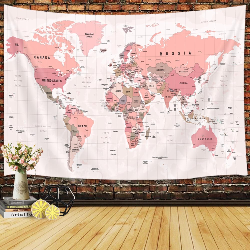 JAWO World Map Tapestry, Map of the World with Countries and Major Cities Wall Tapestries for Kids Student, World Map of the World Tapestry 60X40 Inch(Yellow)