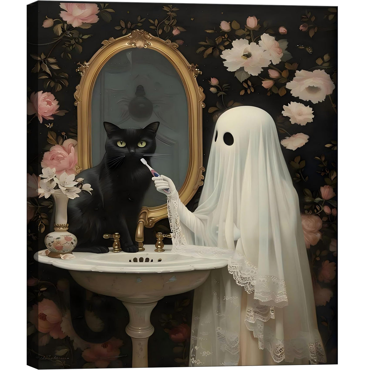 Framed Halloween Ghost Bathroom Canvas Wall Art 8x12 In, Funny Spooky Toilet Scene Canvas Prints Artwork, Dark Halloween Wall Decor Pictures for Office Home Decoration