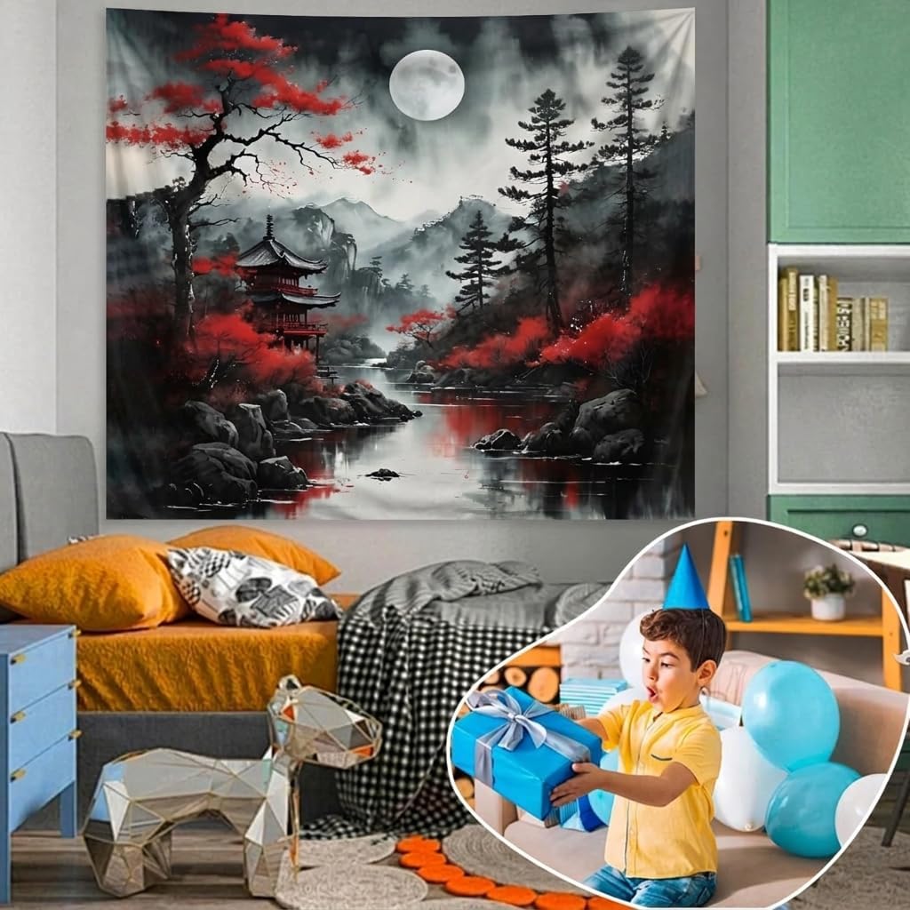 Japanese Wall Art Decor Tapestry for Bedroom, Black and White Anime Posters