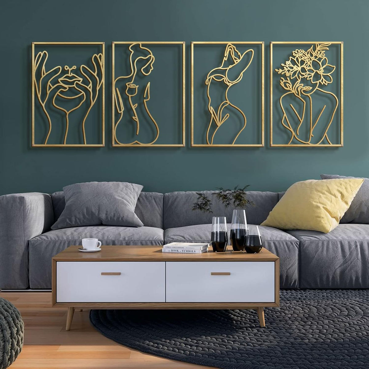 Glamativity 4 Pack Gold Wall Art Decor, Minimalist Single Line Real Metal Wall Art, Woman's Body Shape Abstract Wall Art (Gold Classic Style, 17 x 11.8'')