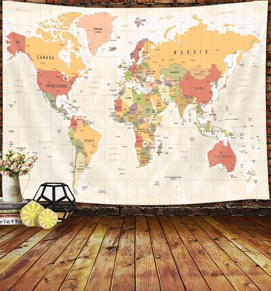 JAWO World Map Tapestry, Map of the World with Countries and Major Cities Wall Tapestries for Kids Student, World Map of the World Tapestry 60X40 Inch(Yellow)