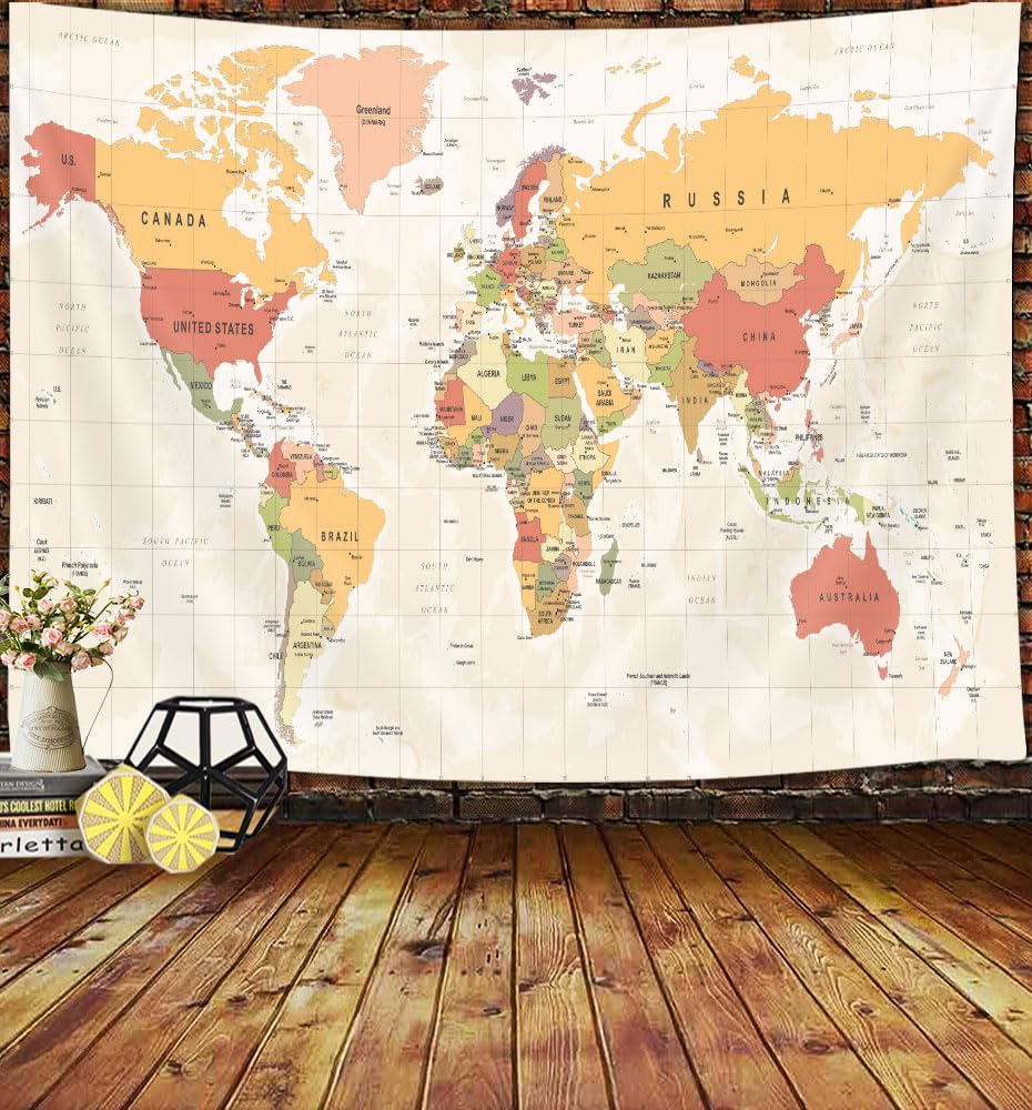 JAWO World Map Tapestry, Map of the World with Countries and Major Cities Wall Tapestries for Kids Student, World Map of the World Tapestry 60X40 Inch(Yellow)