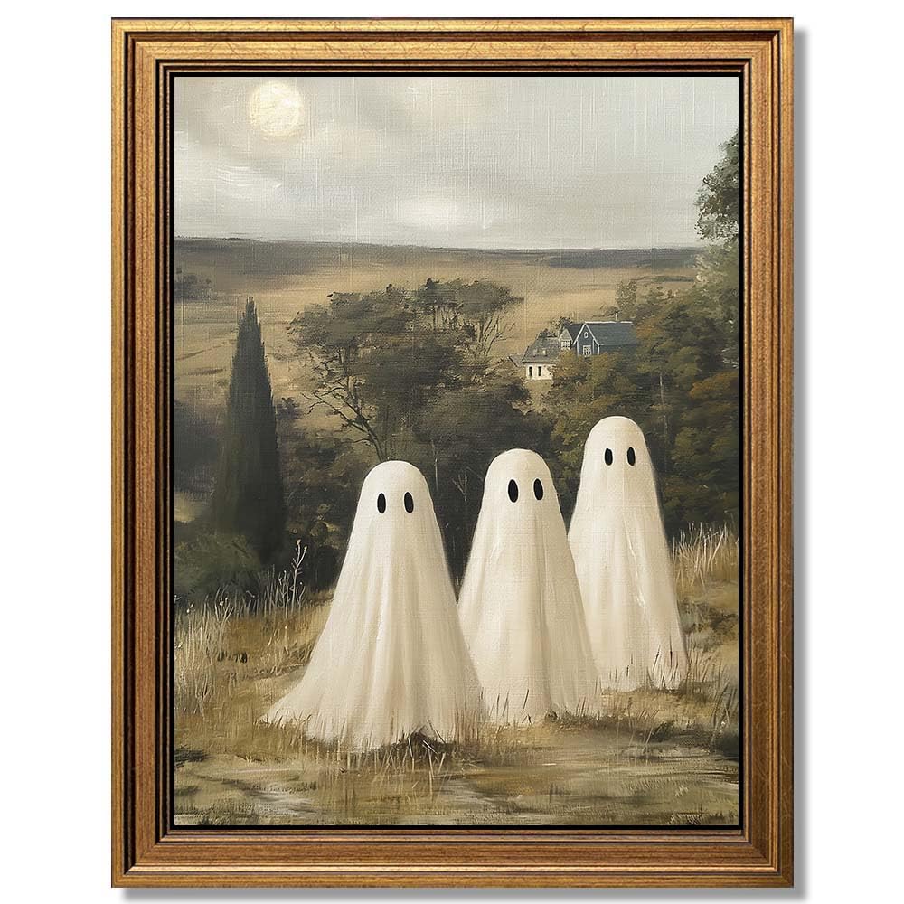 Wemandh Framed Halloween Decorations Fall Decor Wall Art, Rustic Landscape Wall Decor, Cute Ghost Decor Wall Art, Aesthetic Halloween Wall Decor (9.5''x12'')