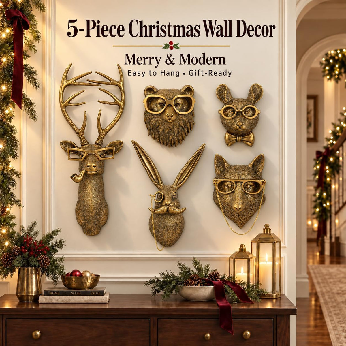 UITWMKTG Gold Animal Head Wall Decor Set of 5 - Deer, Rabbit, Mouse, Bear, Fox Wall Sculptures, Modern Wall Art for Living Room, Bedroom, Office, Gold Wall Hanging Home Decoration