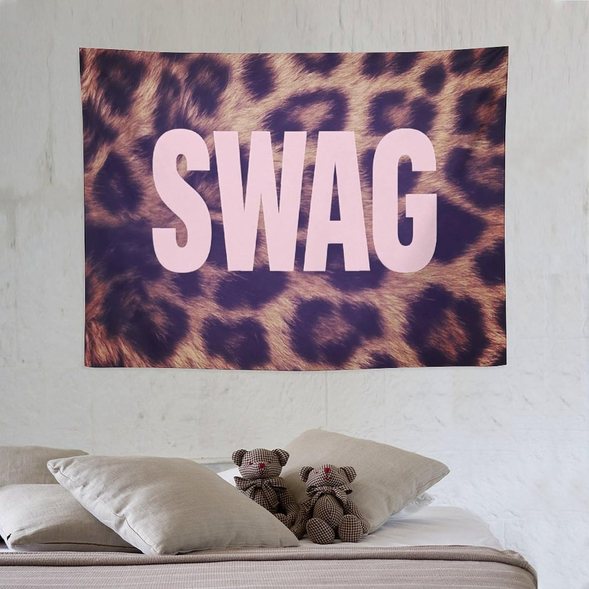 Gyvif Leopard Print Pink SWAG Slogan Wall Tapestry, Y2K Street Style Wall Hanging For Bedroom Dorm, Gift For Teens & Streetwear Lovers