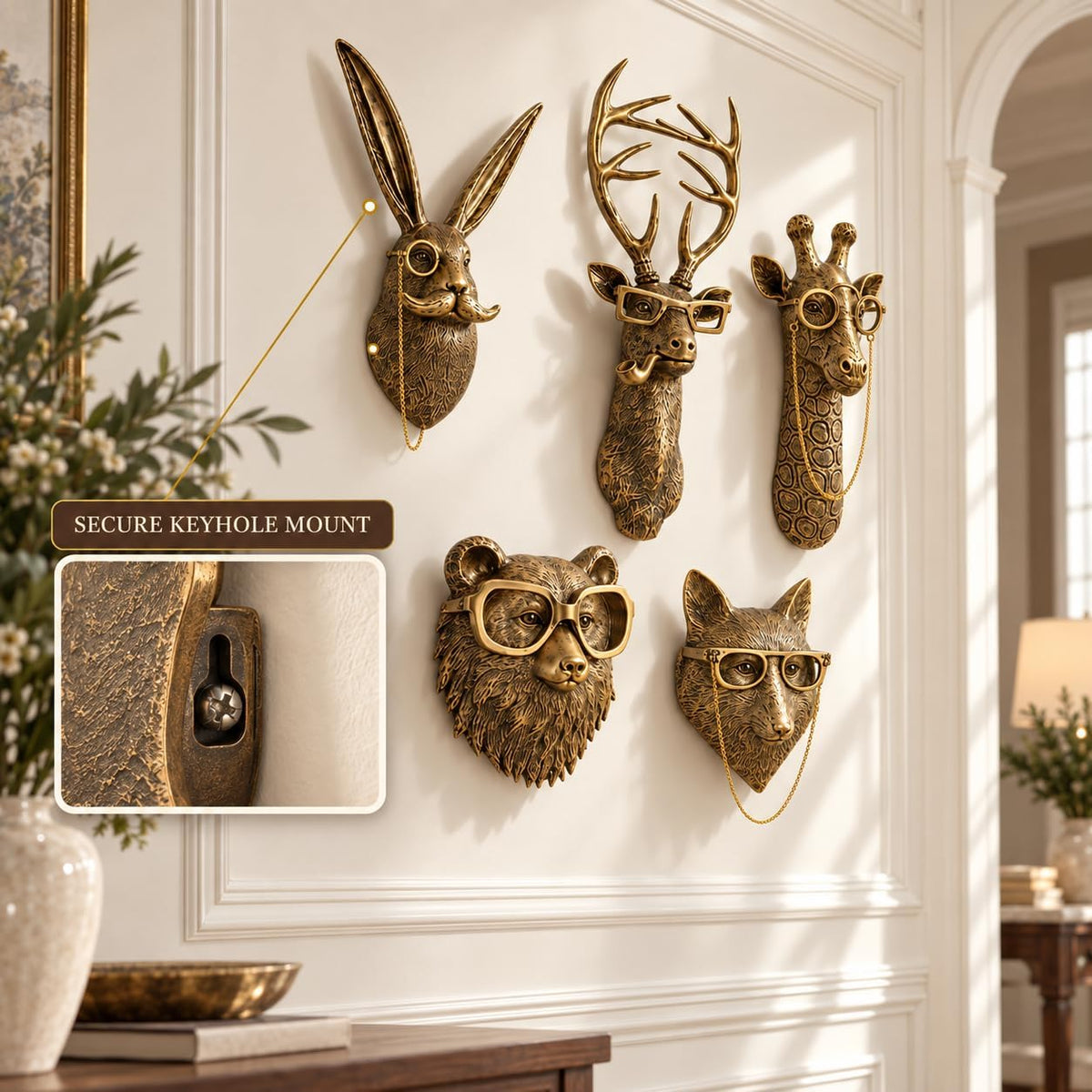 UITWMKTG Gold Animal Head Wall Decor Set of 5 - Deer, Rabbit, Mouse, Bear, Fox Wall Sculptures, Modern Wall Art for Living Room, Bedroom, Office, Gold Wall Hanging Home Decoration