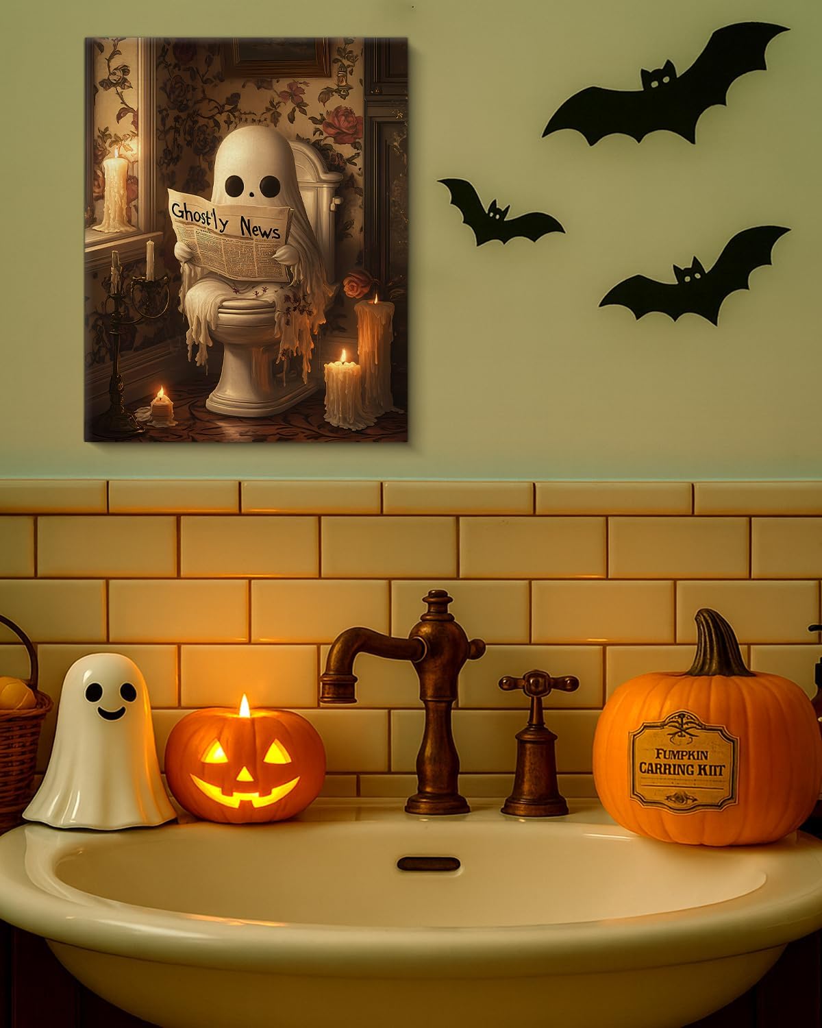 Funny Ghost Halloween Bathroom Wall Art Gothic Canvas Print Poster Framed